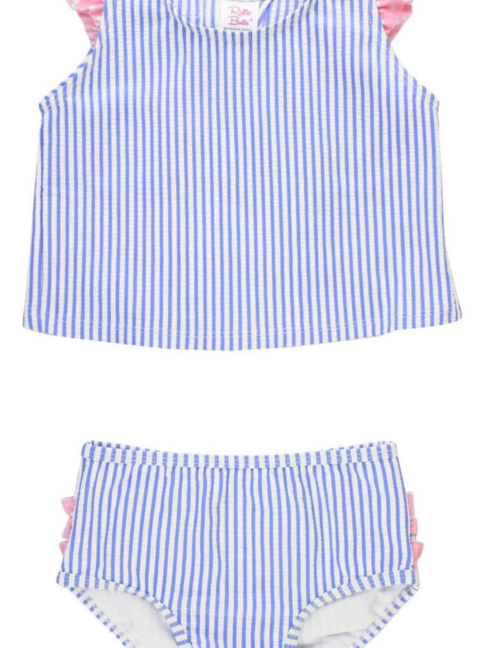 Ruffle Butts Blue and White Stripe Tankini with Pink Ruffles